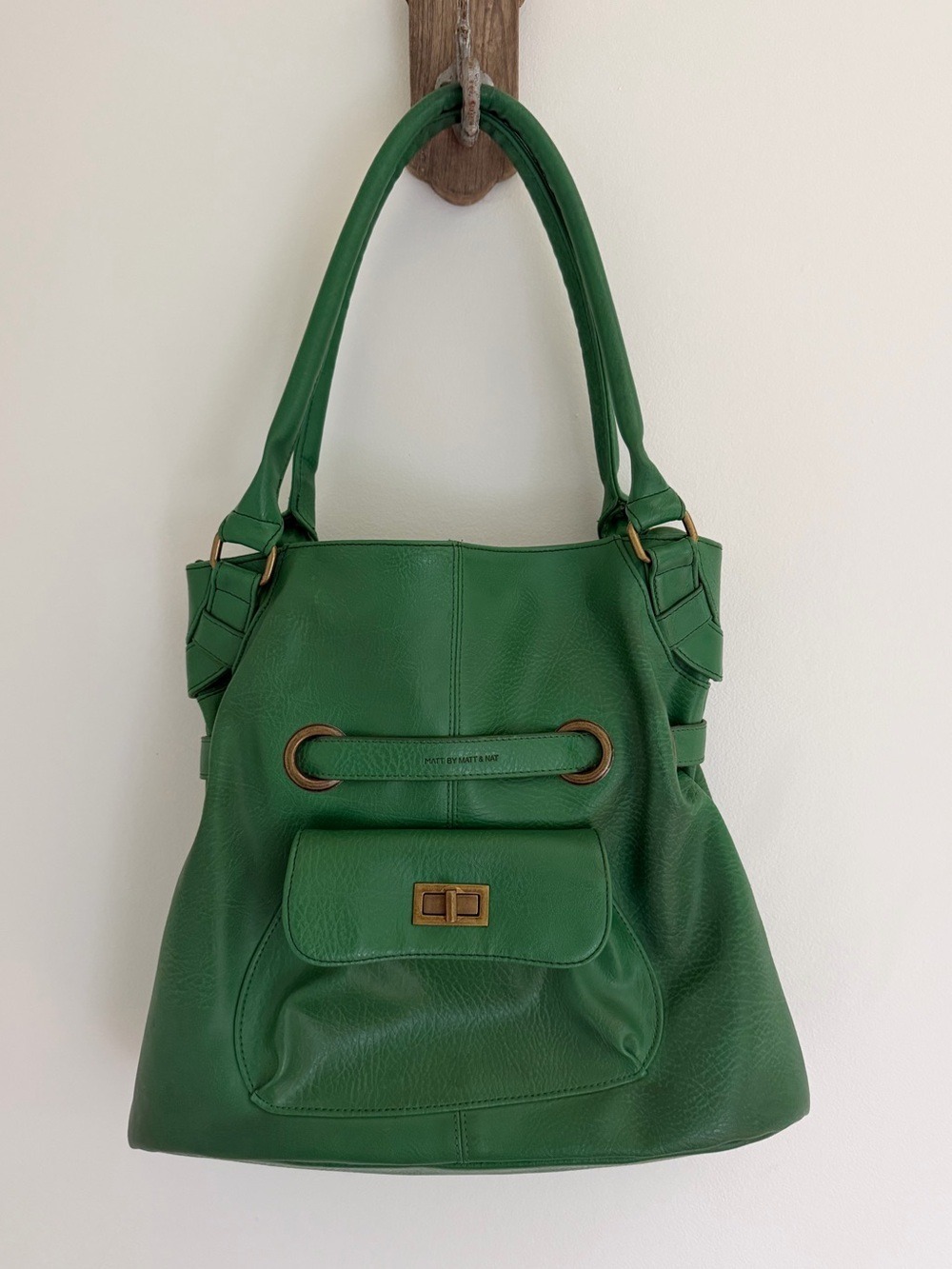 Matt & Nat Green Vegan Leather Tote Shoulder Bag Turn Lock Pocket